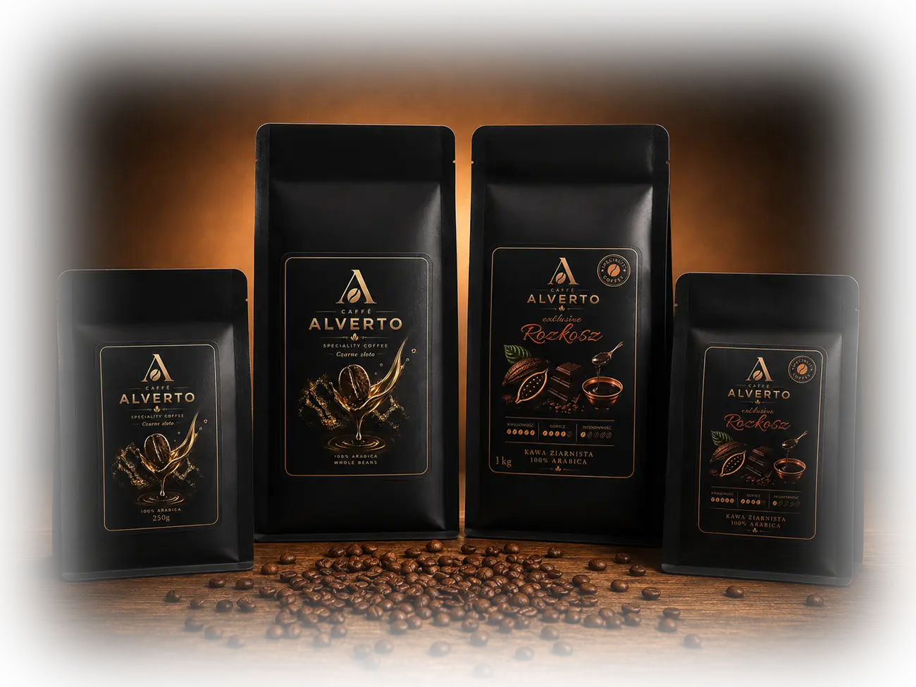 Kawy ziarniste Caffè Alverto — Czarne Złoto i Czekoladowa Rozkosz w opakowaniach 250 g i 1 kg