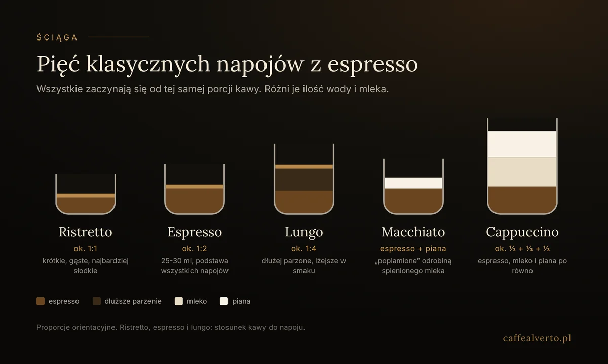 Ściąga: ristretto, espresso, lungo, macchiato i cappuccino z proporcjami